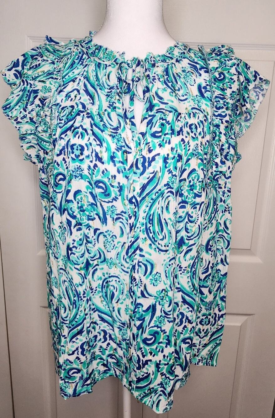 Stella Parker Women's Blue Tropical Floral Short Sleeve Top Blouse Medium Size M